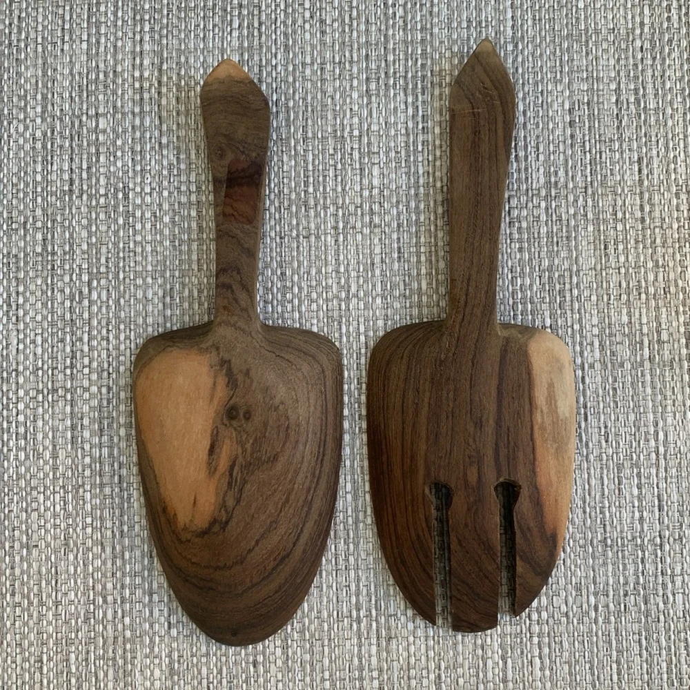 Vintage Wood Salad Servers with Fish Design Accents